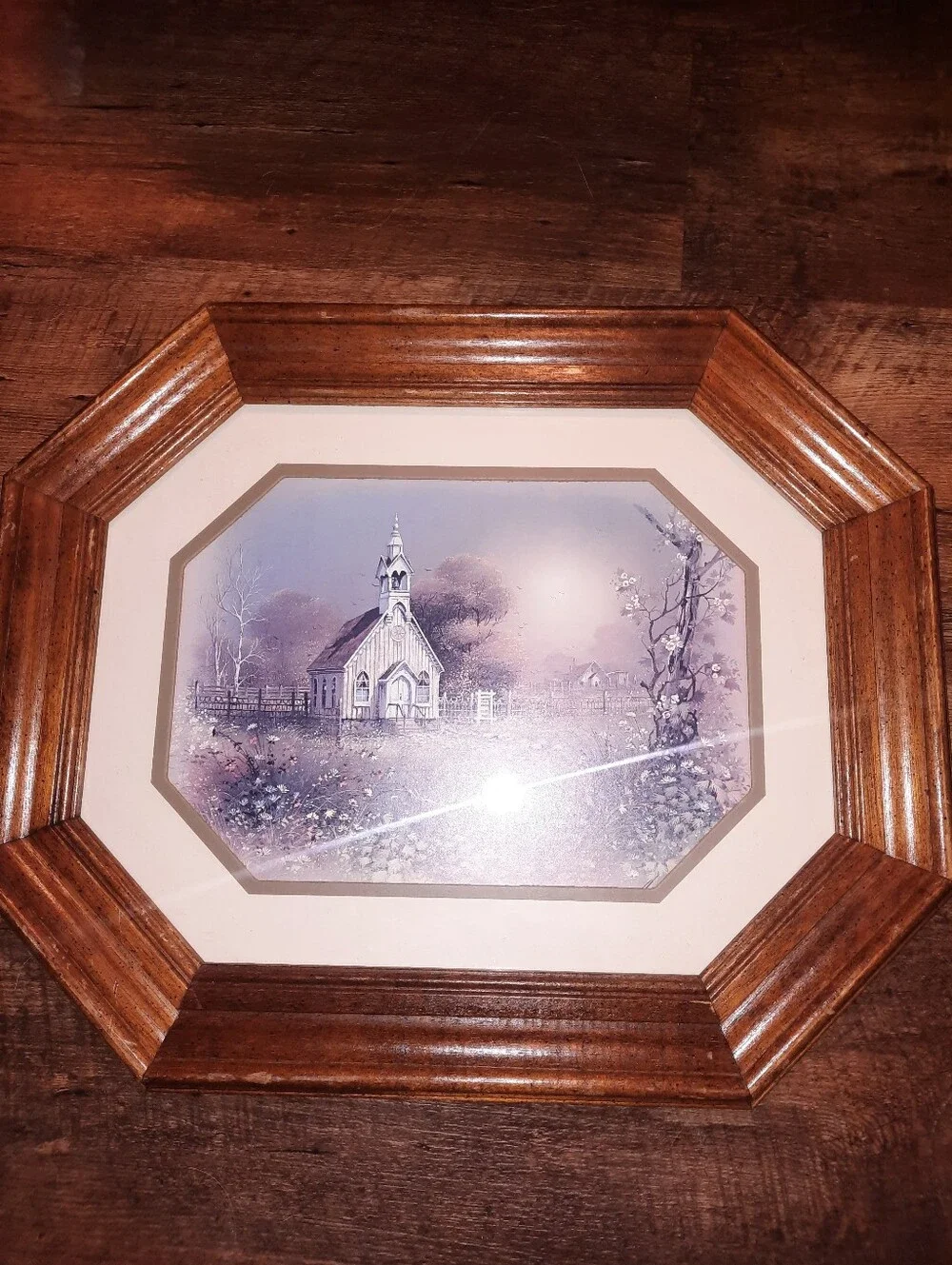 Vintage Framed Homeco Pastel Chapel Print in Brown Octagonal Frame